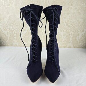 Simmi Size 6 Dark Navy Blue Lace Up Sock Boots Stiletto Heels Pointed Toe